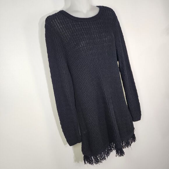 J Jill Sweater Size Medium Womens Black Fringed Tunic Textured Knit Long Sleeve - Picture 4 of 9